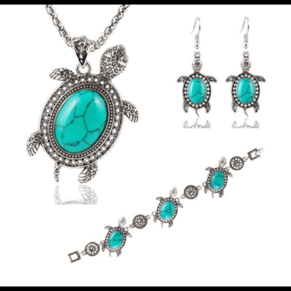 Retro Turquoise Turtle Necklace Bracelet Earrings